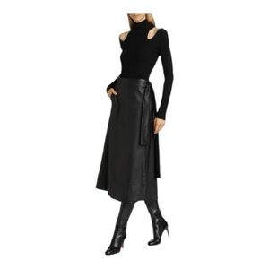 Toccin Beatrice Wrap Midi Skirt in Black Vegan Faux Leather Tie Waist Size XS